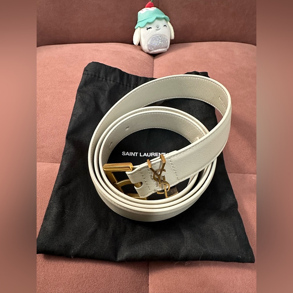 YSL Cassandre Belt w Square Buckle 3cm size 95 Blanc Vintage